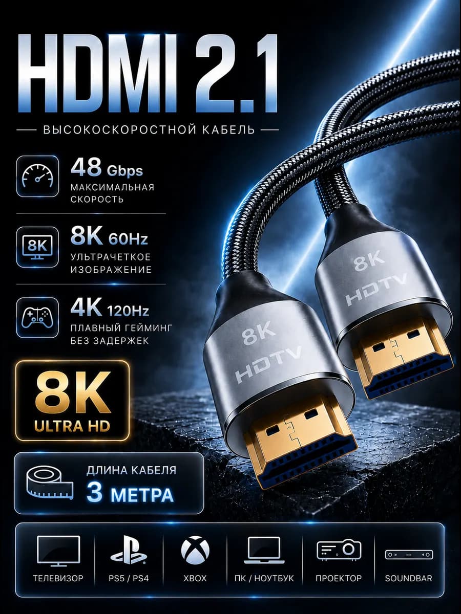 HDMI Кабель 2.1 8К 4К 3м для телевизора и монитора ps5