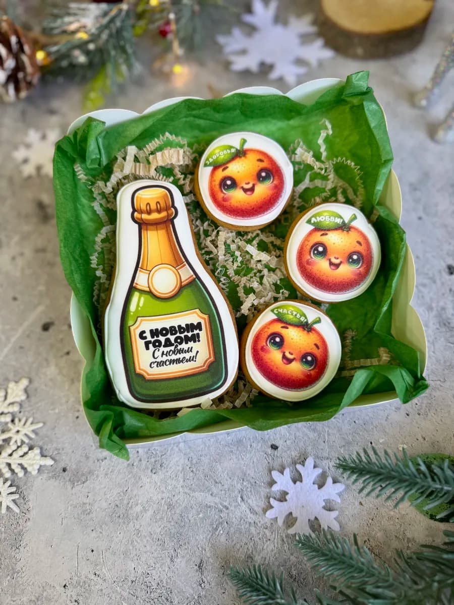 Пряники новогодние 2026 мандарины и шампанское
