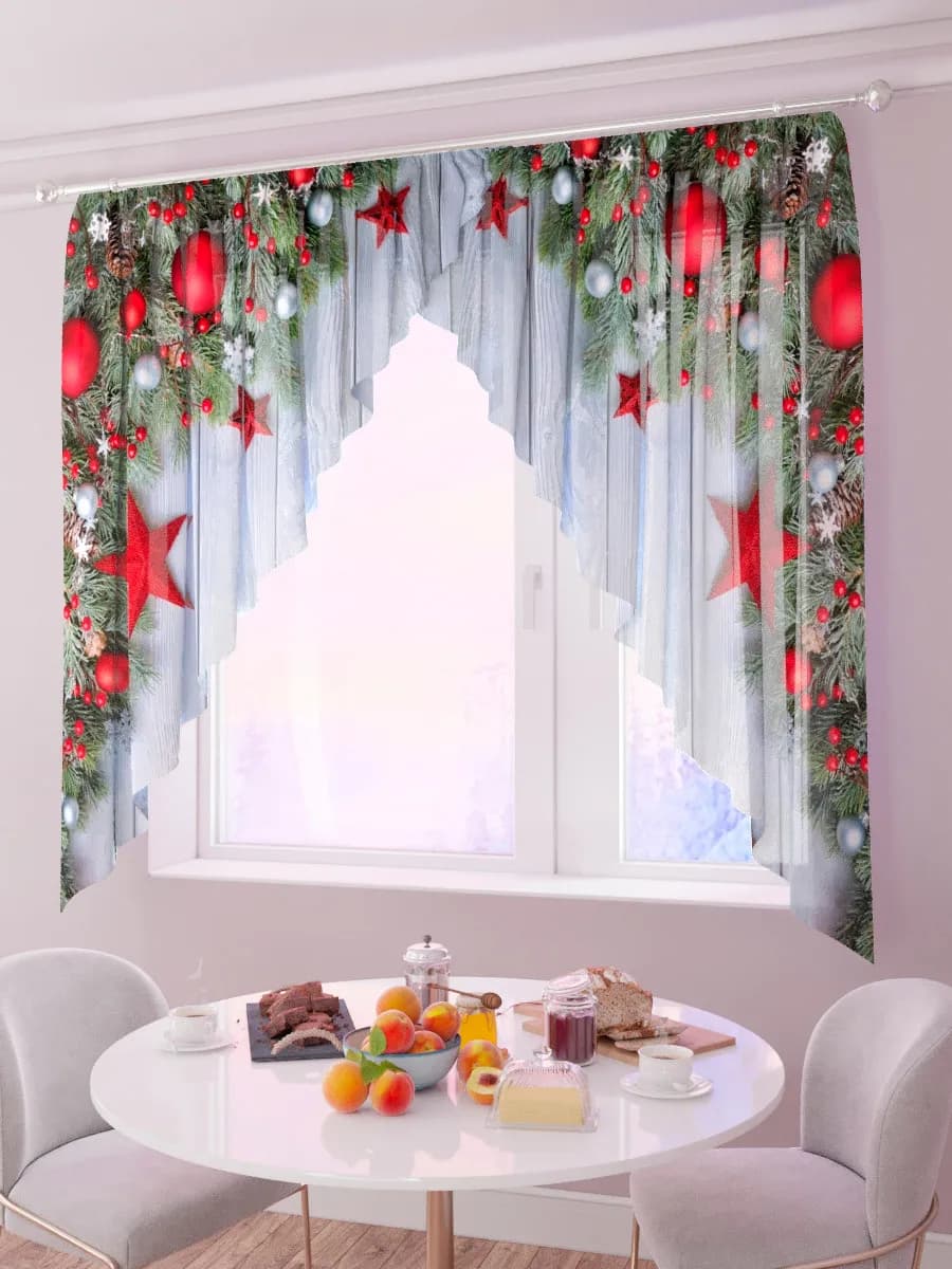 Новогодние шторы треугольник на кухню 1 шт 240х165 см