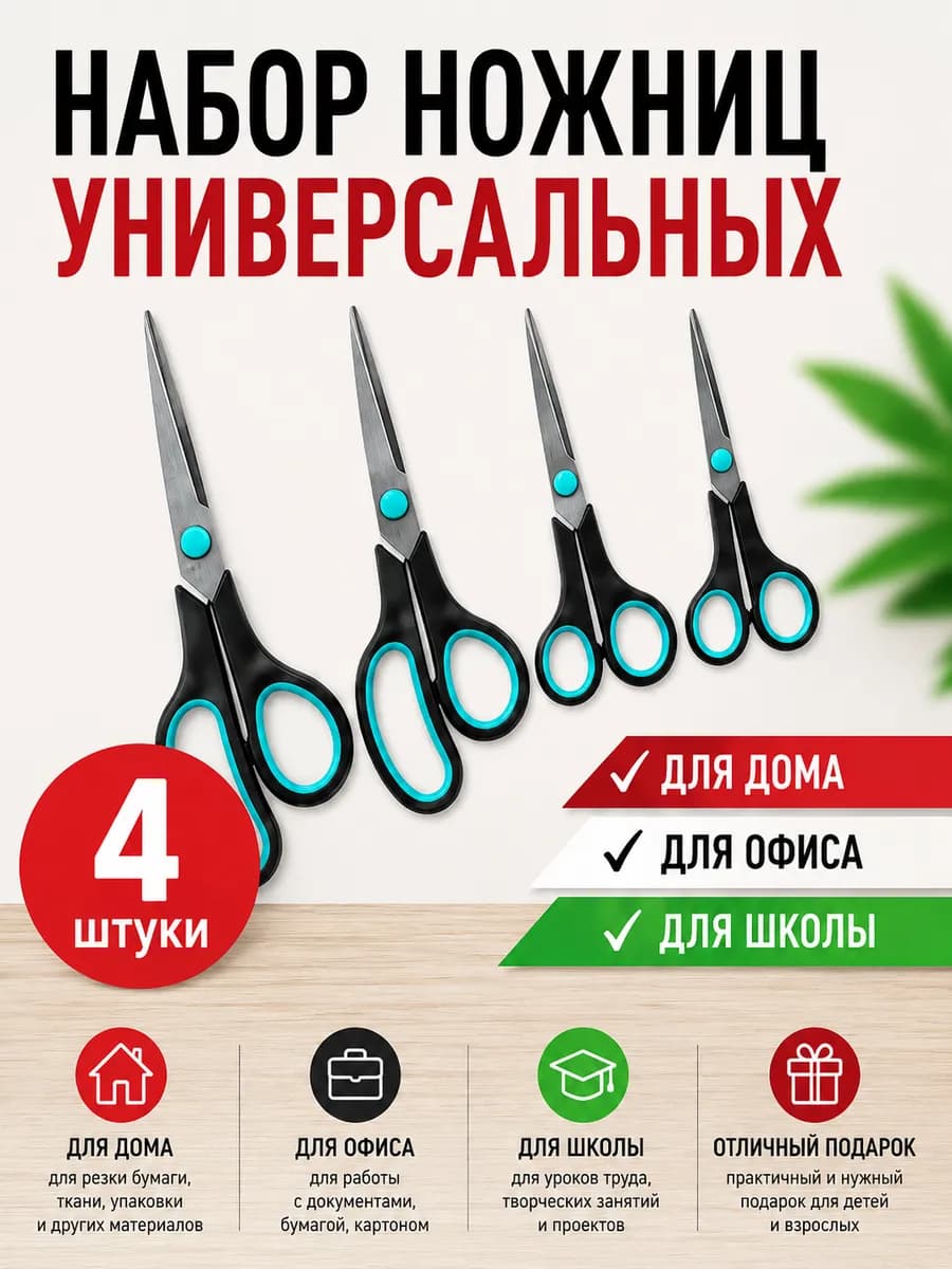 Ножницы универсальные канцелярские набор 4шт