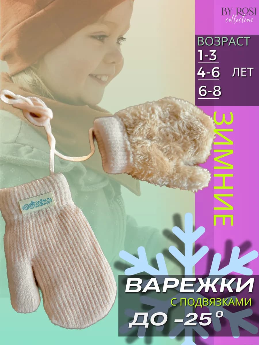 Варежки зимние детские вязаные с мехом