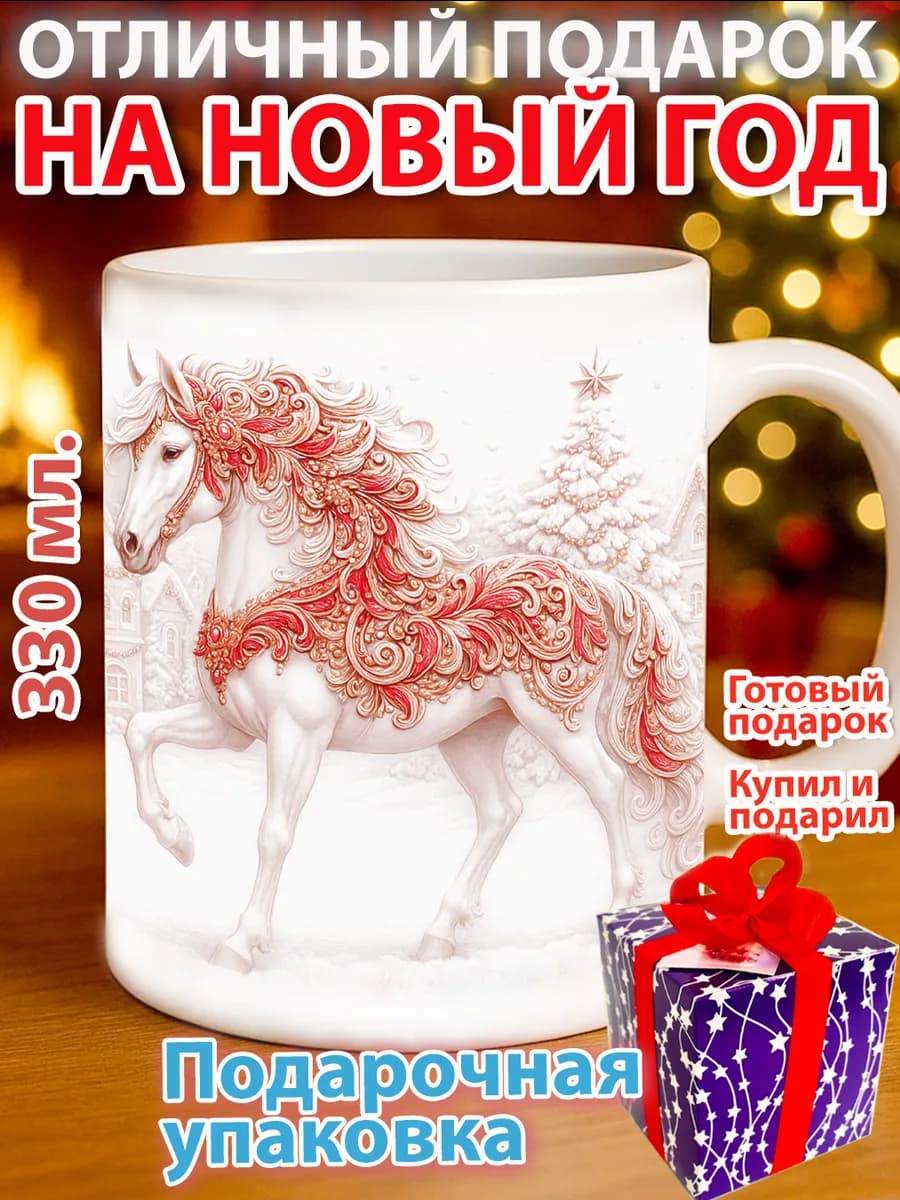Новогодняя кружка с принтом лошадь подарочная