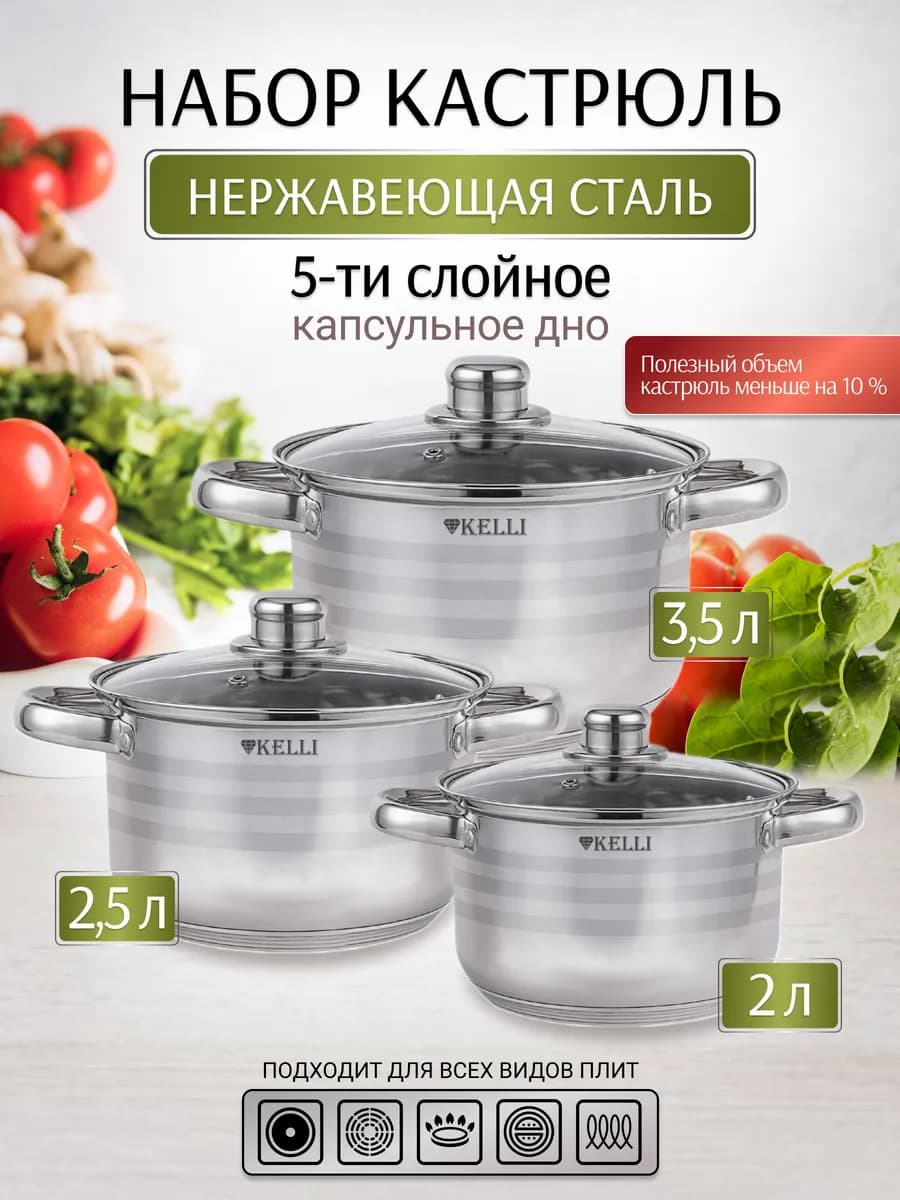 Набор кастрюль из нерж. стали со стеклянными крышками 3 шт