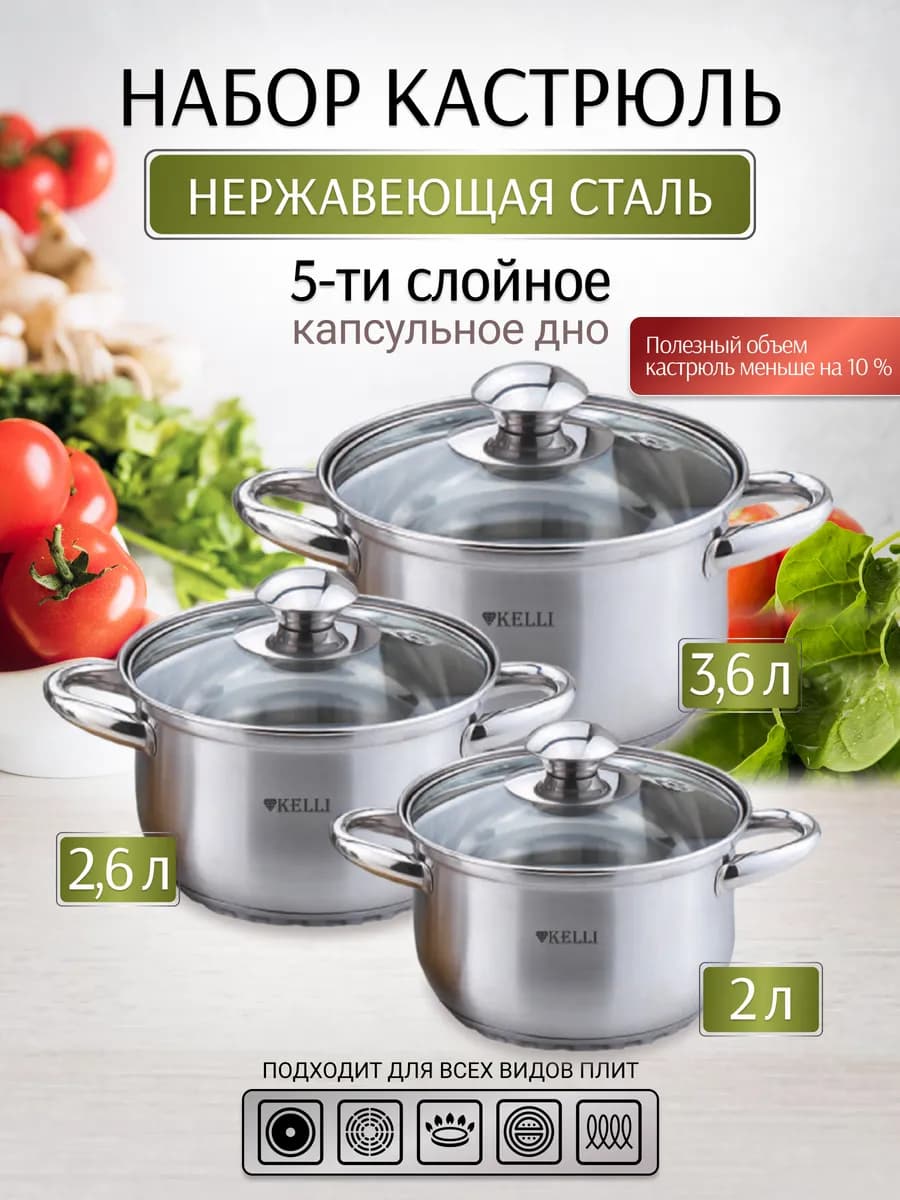 Набор кастрюль из нерж. стали со стеклянными крышками 3 шт