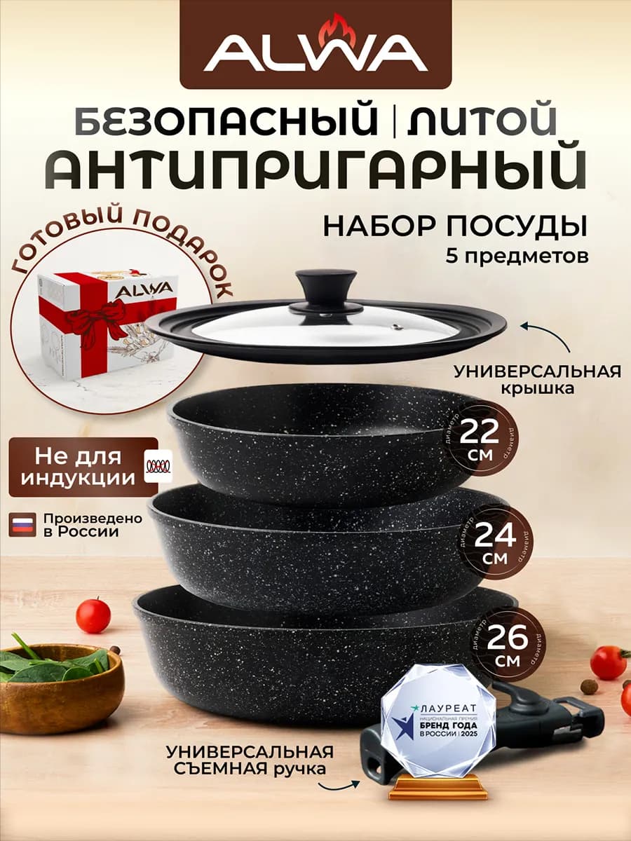 Набор сковородок с крышкой и съемной ручкой