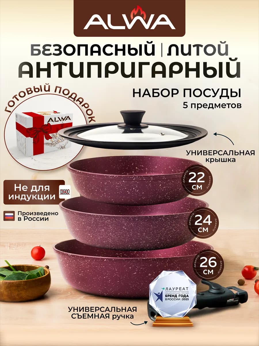 Набор сковородок с крышкой и съемной ручкой