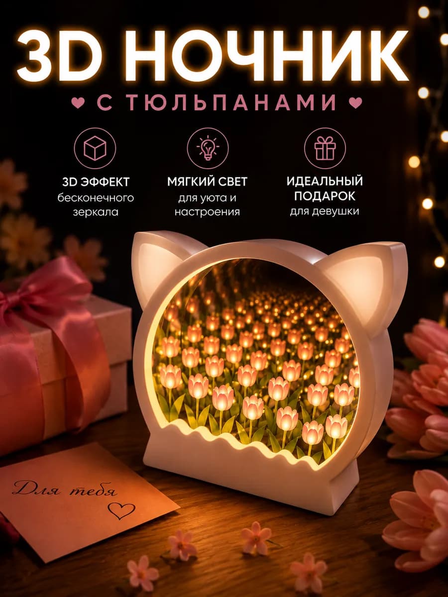 Ночник зеркало бесконечные тюльпаны 3D-DIY светильник