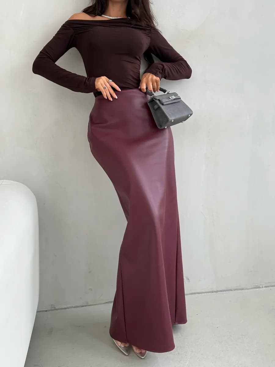 Юбка кожаная макси с разрезом