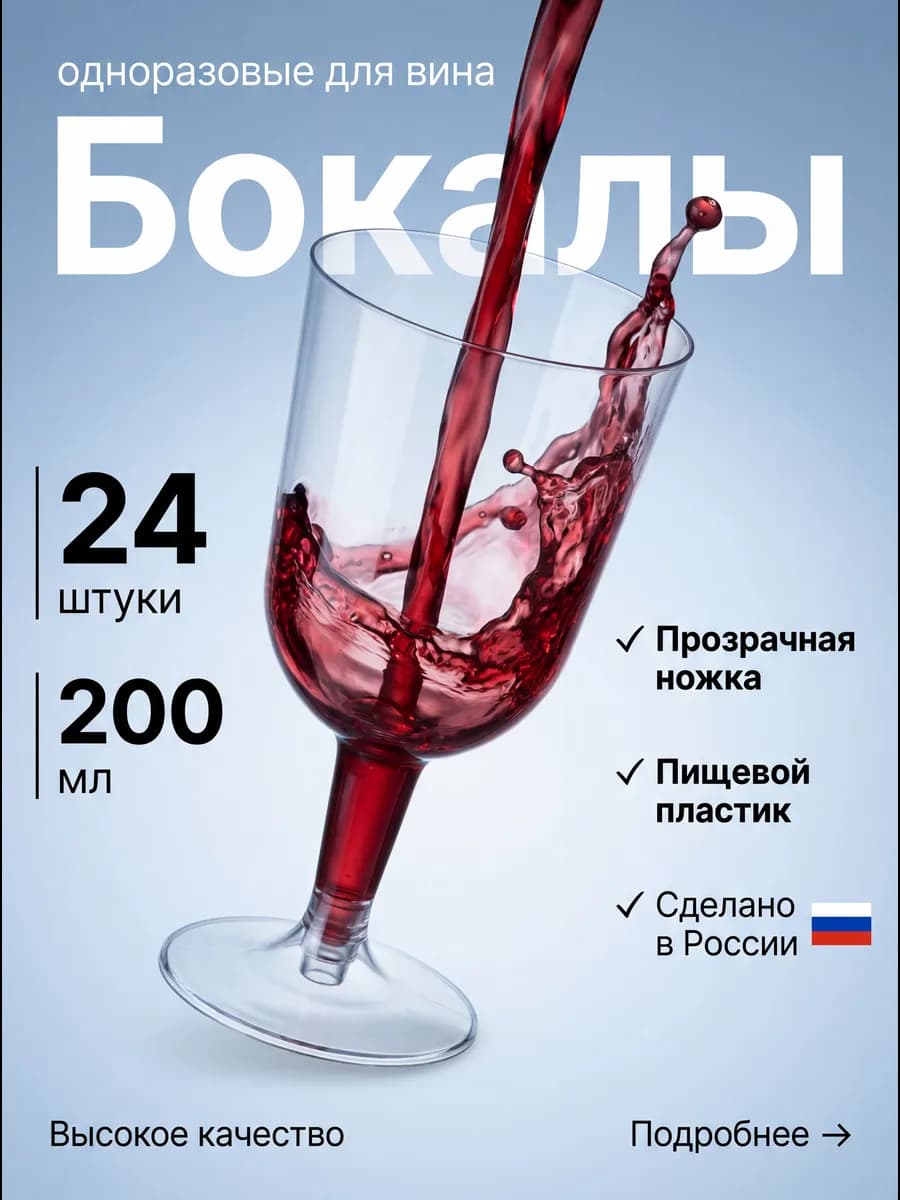 Бокалы одноразовые для вина и шампанского 24 шт. 200 мл