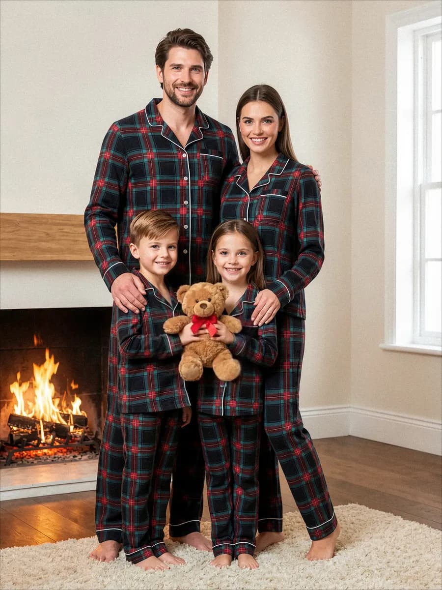 Пижама в клетку семейная теплая