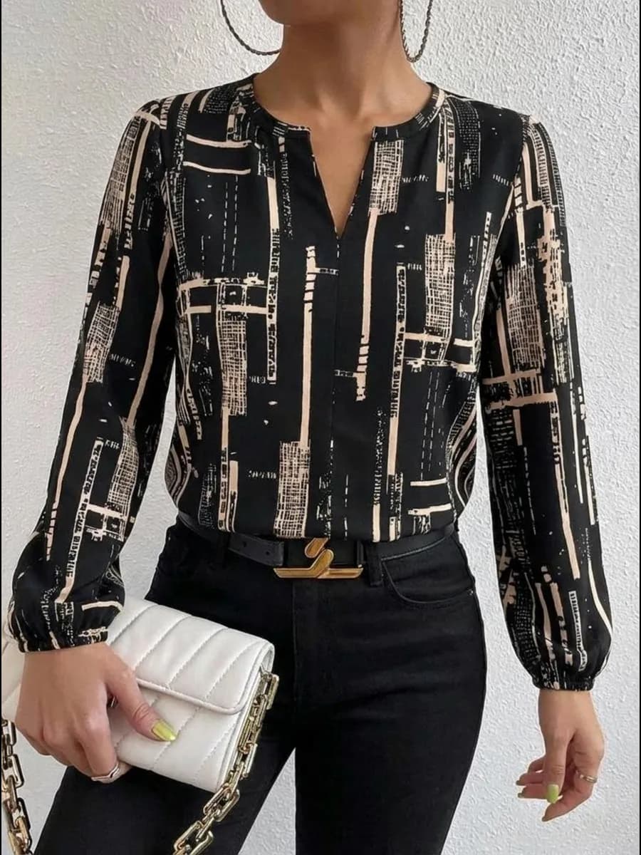 Блузка офисная с длинным рукавом больших размеров с вырезом