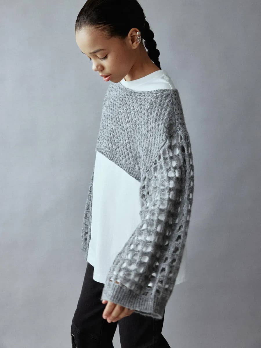 Вязаный джемпер сетка укороченный с содержанием шерсти - фото 1