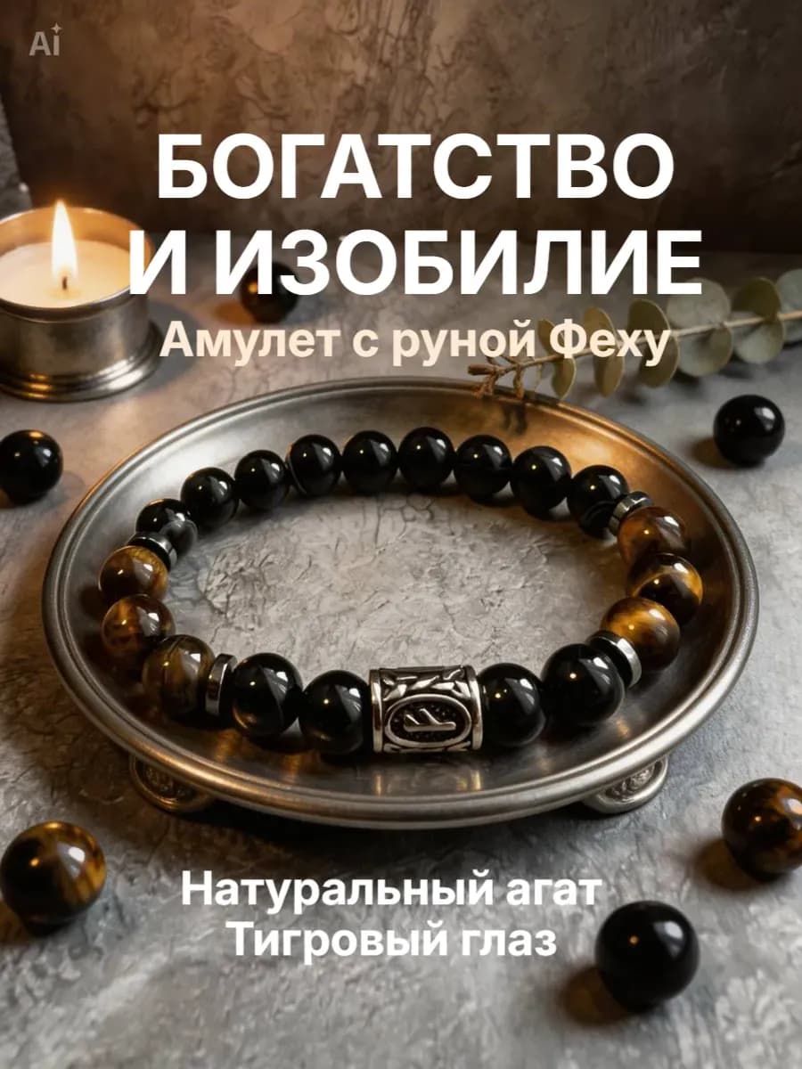 Браслет из натуральных камней тигровый глаз руна Феху амулет