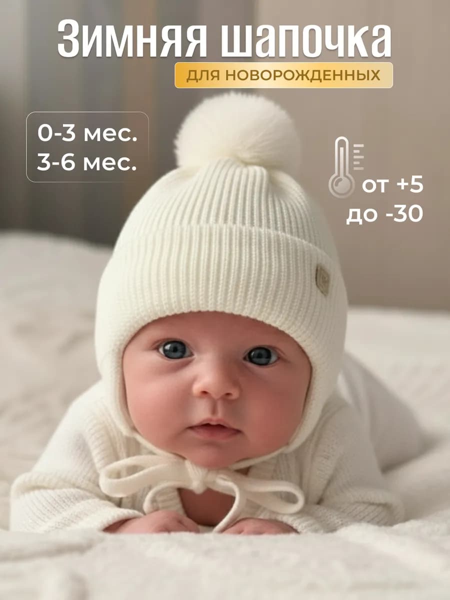 Шапка зимняя для новорожденных на завязках утепленная