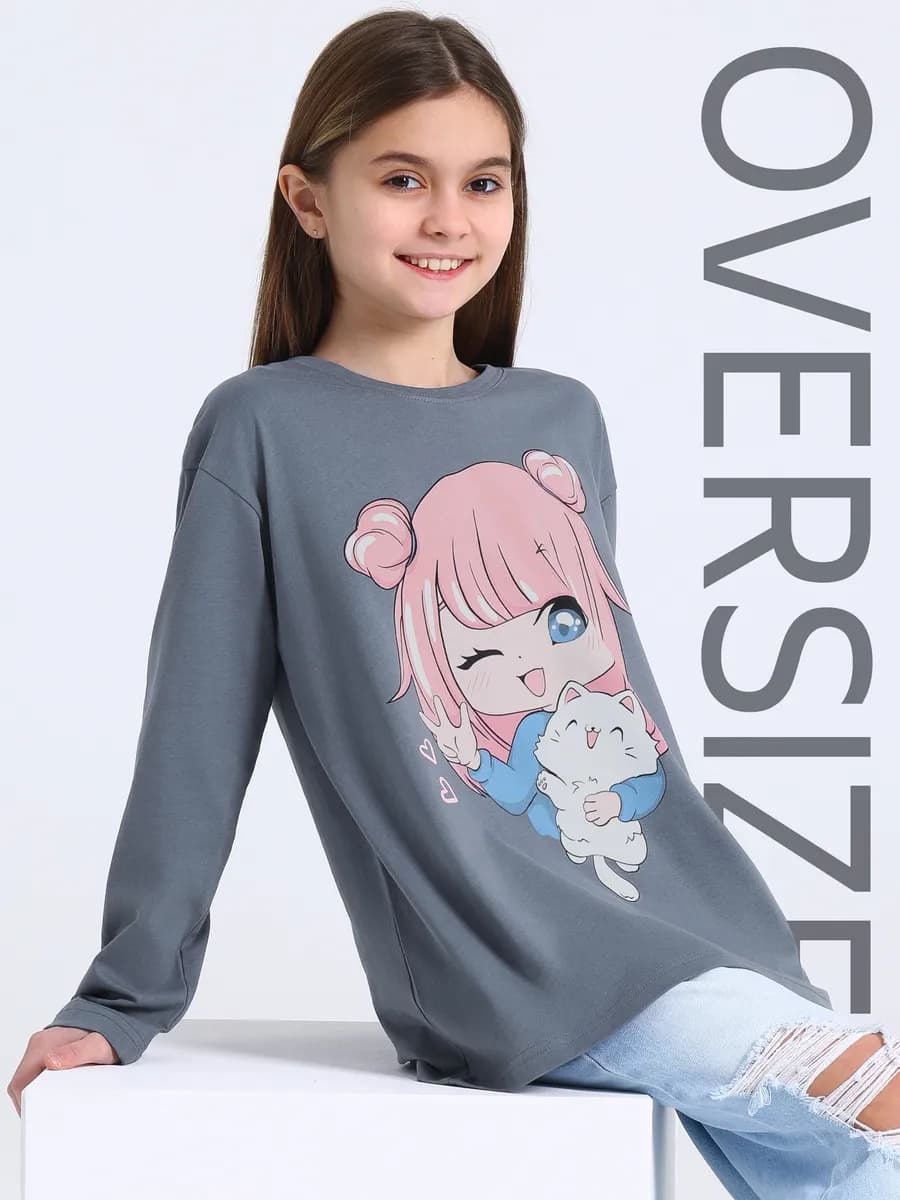 Лонгслив оверсайз для девочек подростков хлопок - фото 1