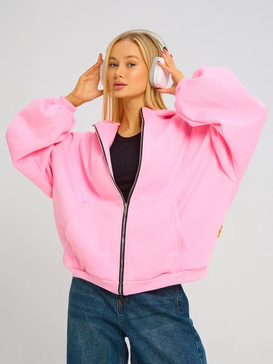 Зип худи оверсайз теплая на молнии с капюшоном с начесом - фото 1