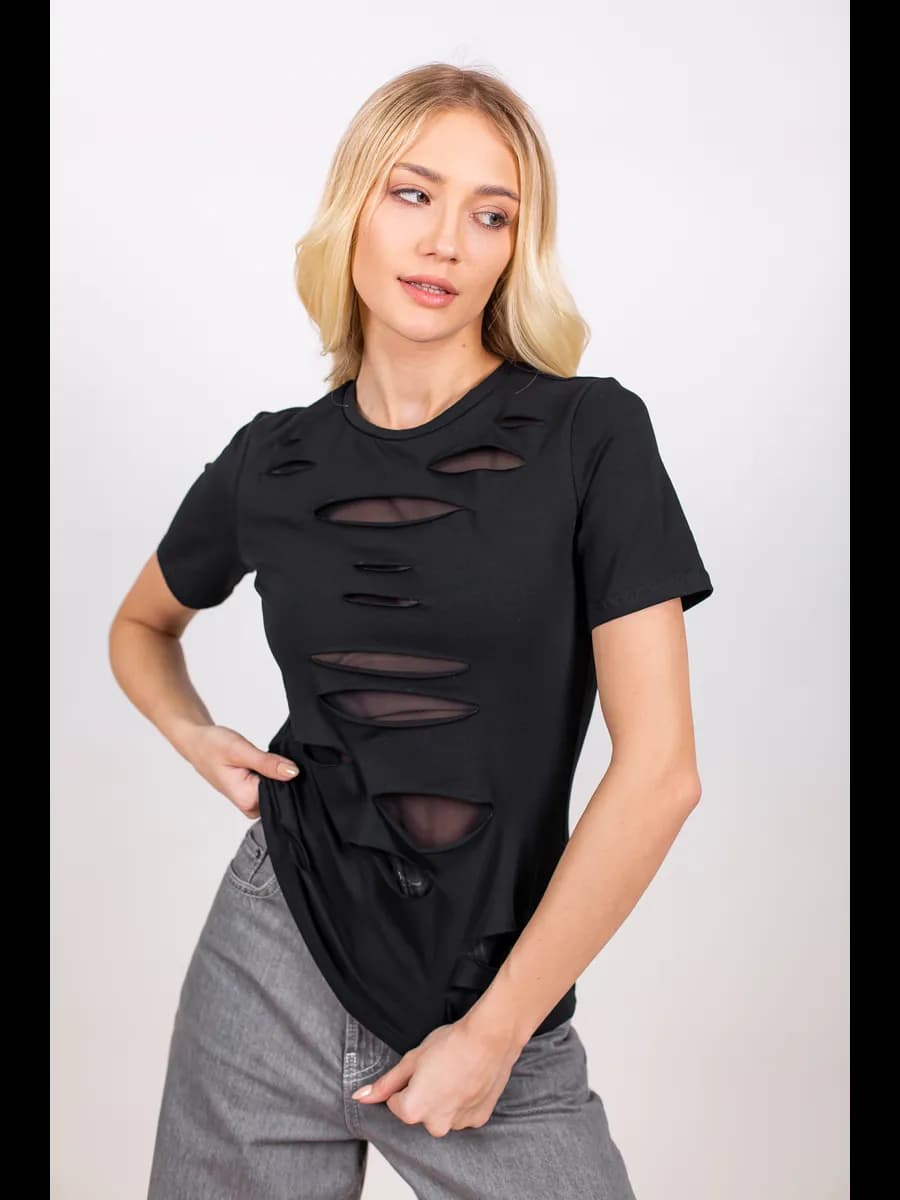 Футболка черная летняя с сеткой - фото 1
