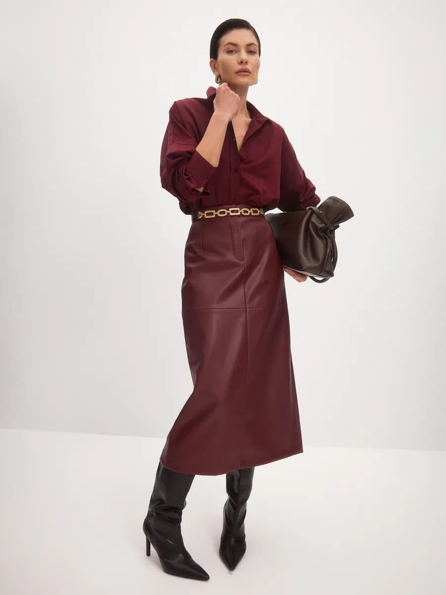 Юбка кожаная миди с разрезом