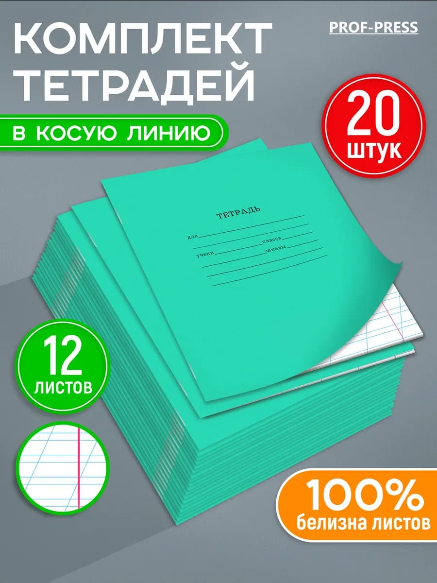 Тетрадь в косую линейку 12 листов 20 штук