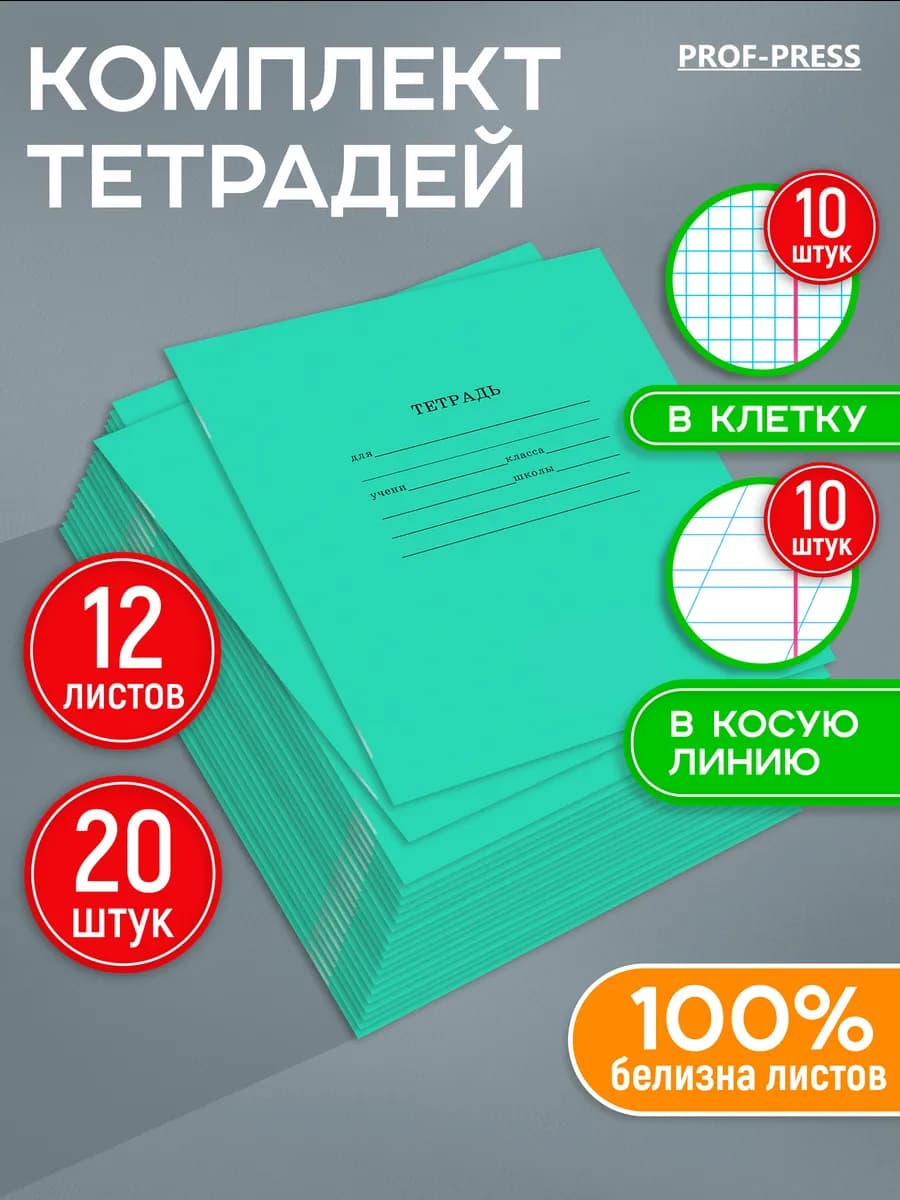 Тетрадь 12 листов в клетку и в косую линейку 20 шт