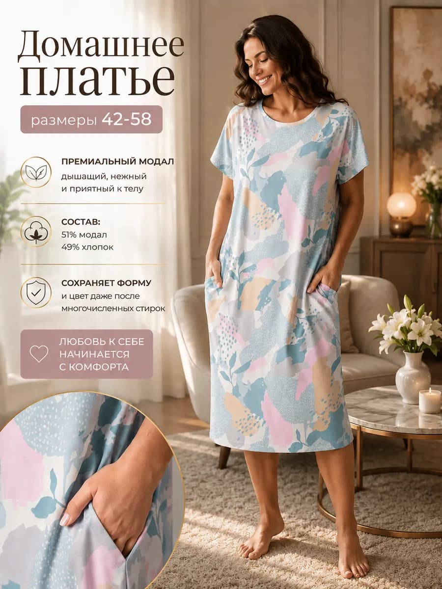 Платье домашнее хлопковое большие размеры