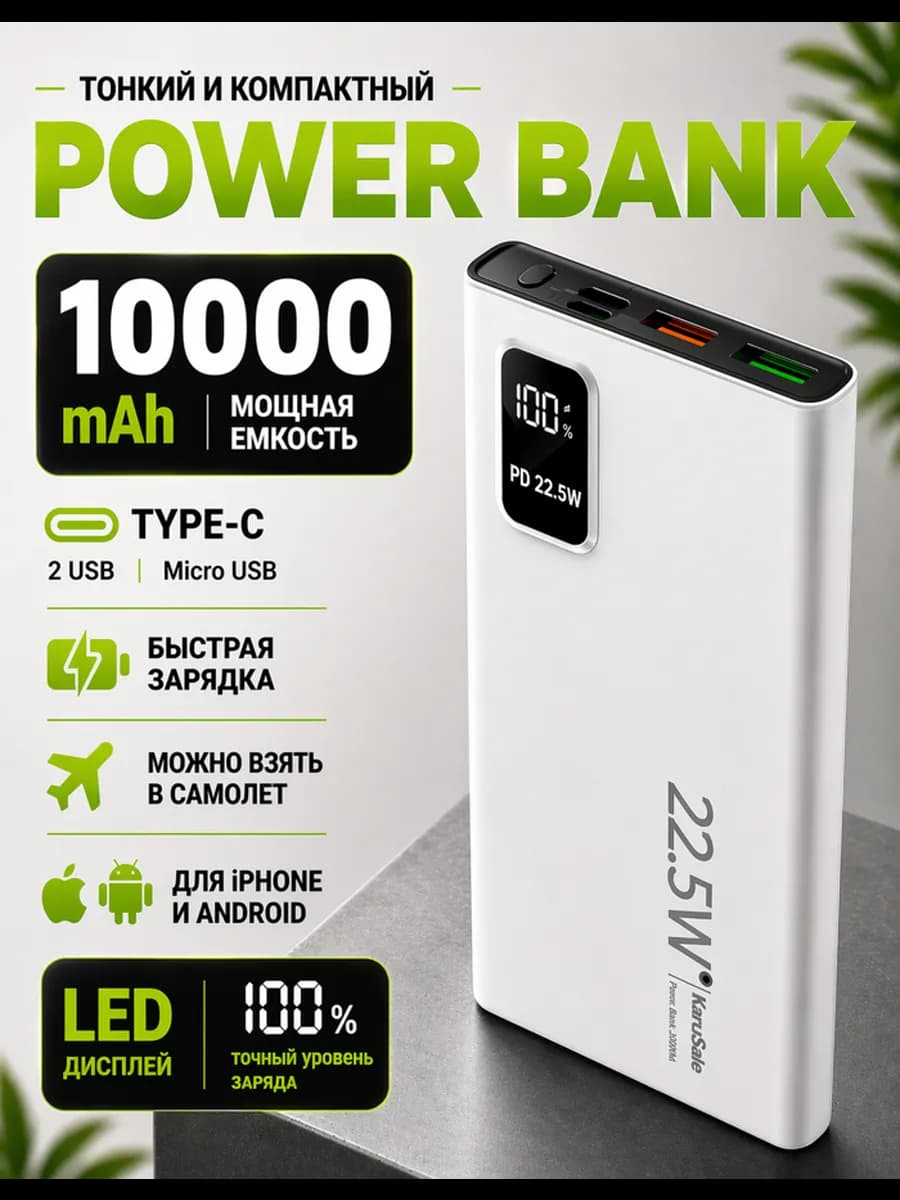 Повербанк 10000 Power bank для телефона внешний аккумулятор