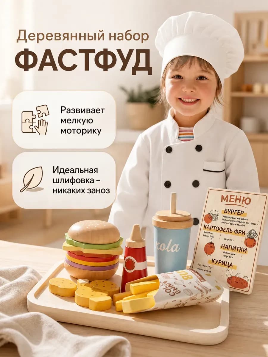 Игровой набор фаст фуда с бургером деревянный