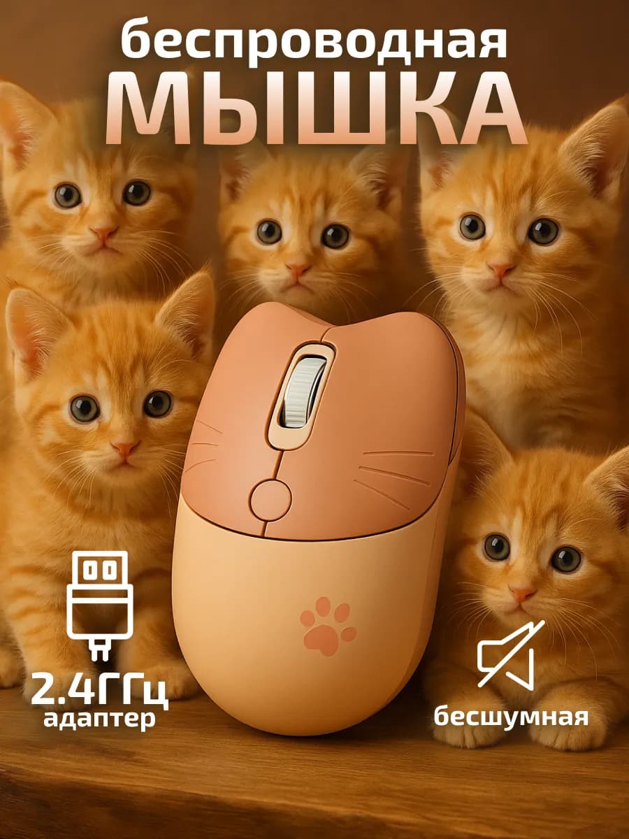 Мышка беспроводная для ноутбука бесшумная Котик M3 USB 2.4G