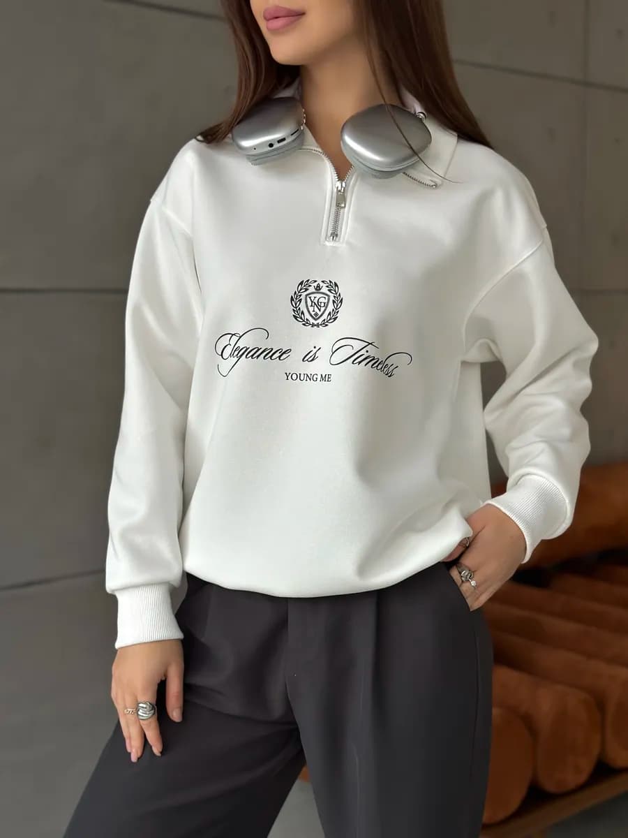 Свитшот полузамок оверсайз без начеса с принтом