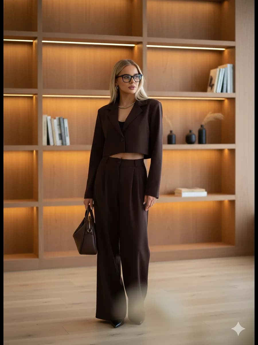 Брючный костюм с укороченным пиджаком - фото 1