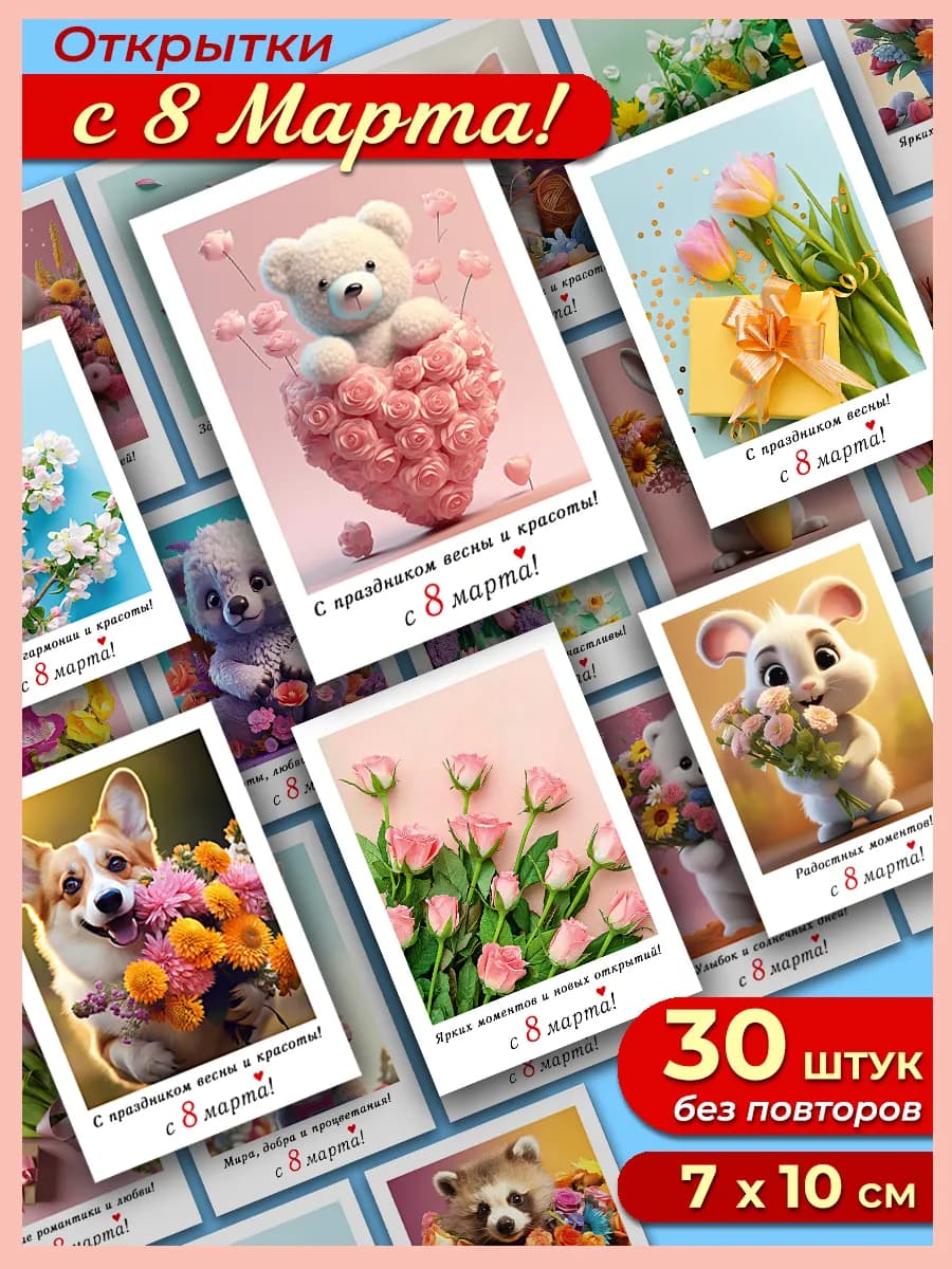 Набор мини-открыток с 8 Марта 30 штук - фото 1