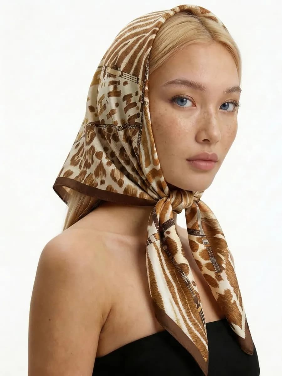 Платок шелковый на голову и шею осенний змеиный принт - фото 1