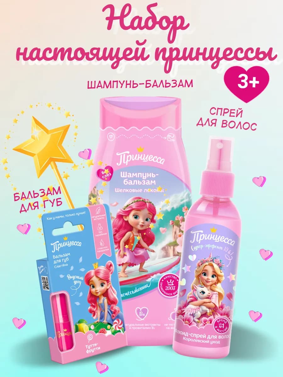 Подарок девочке на 8 марта Шампунь + спрей + помада