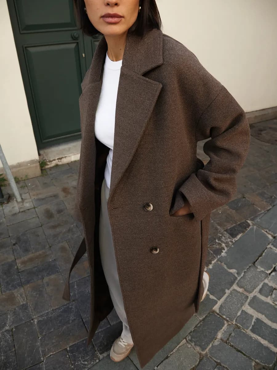 Пальто прямое демисезонное шерстяное длинное с поясом