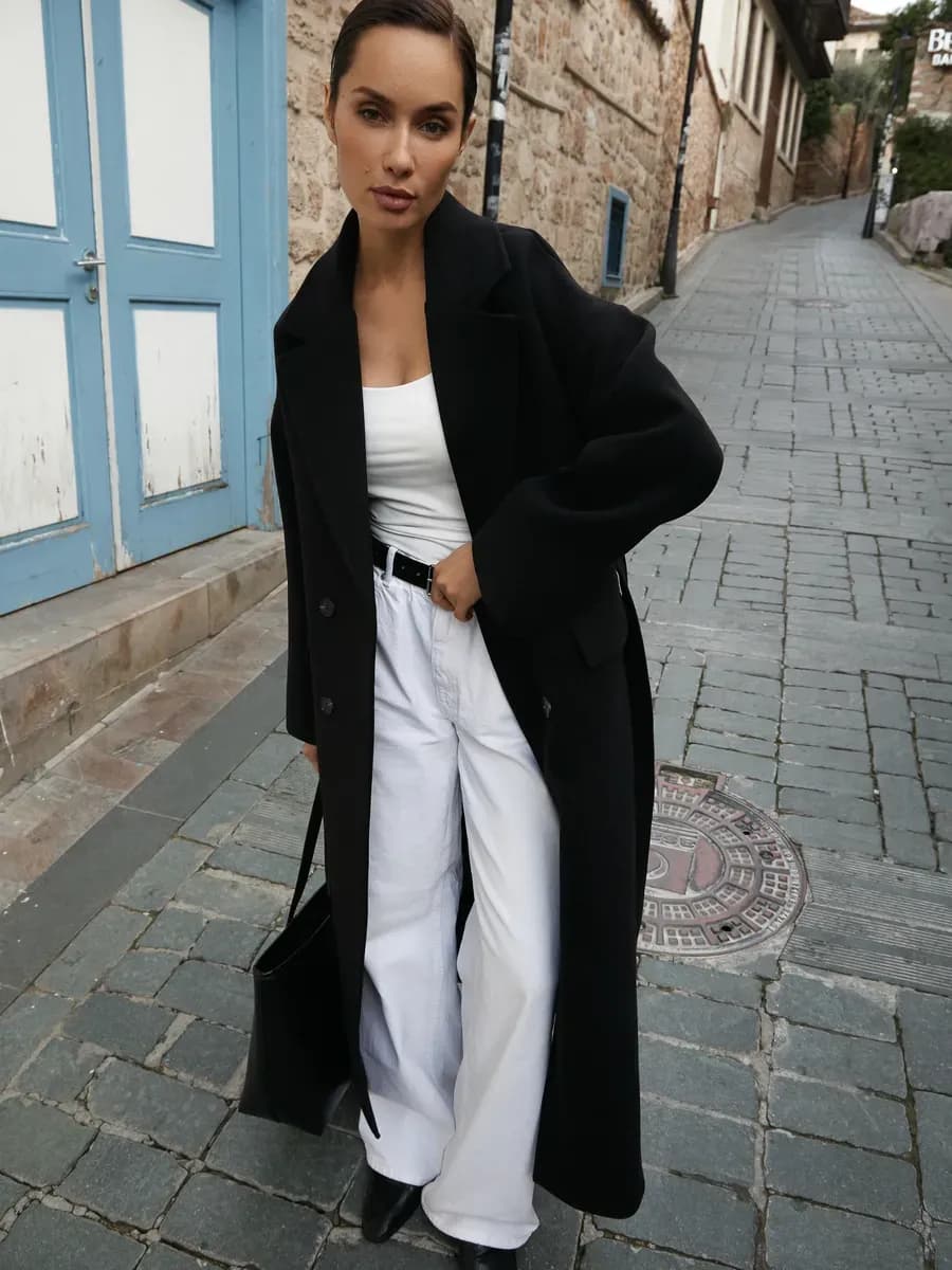 Пальто прямое демисезонное шерстяное длинное с поясом