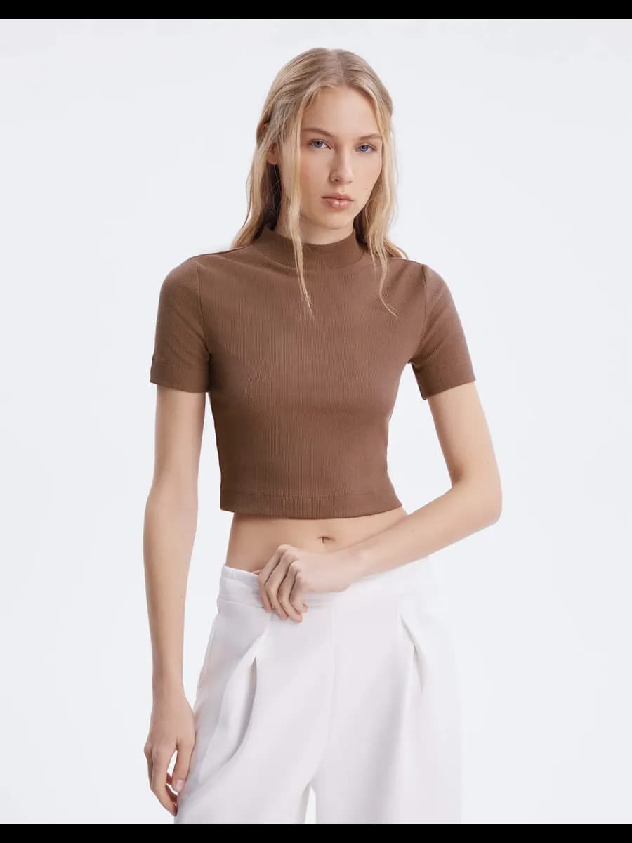 Коричневый облегающий кроп-топ с воротником-стойкой