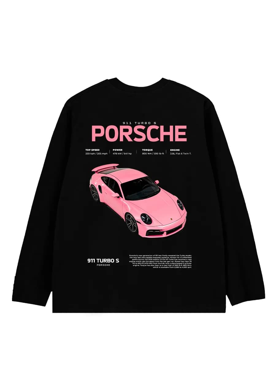 Черный лонгслив оверсайз Y2K с принтом Porsche
