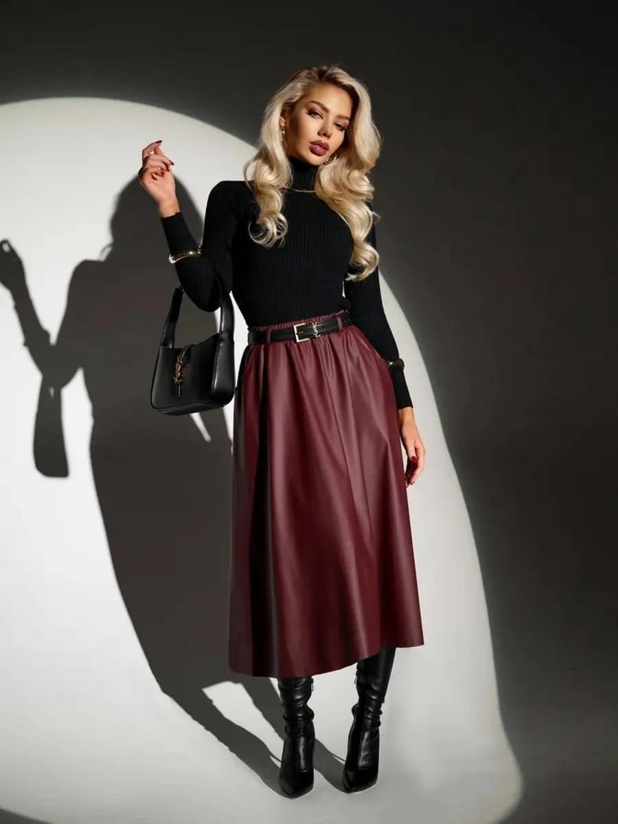 Юбка миди кожаная с карманами без начеса