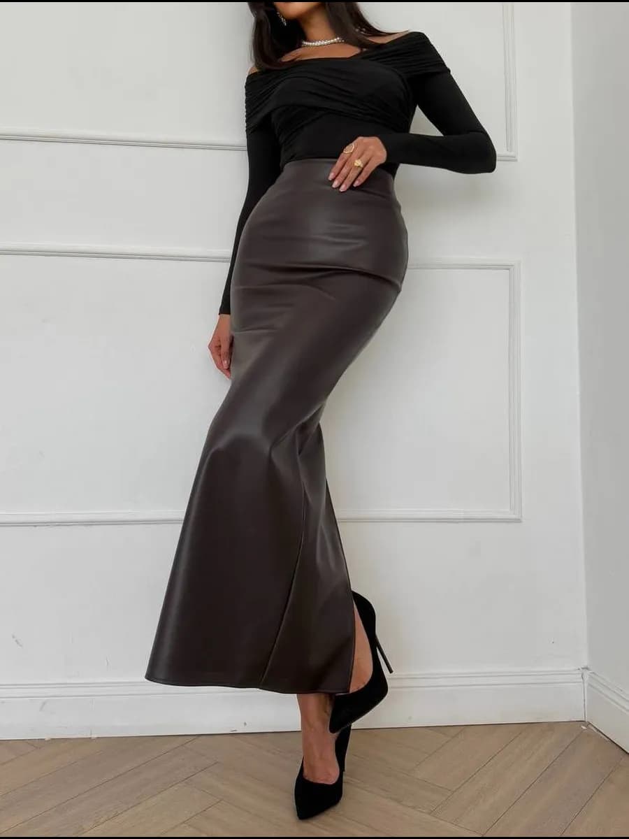 Юбка кожаная макси с разрезом