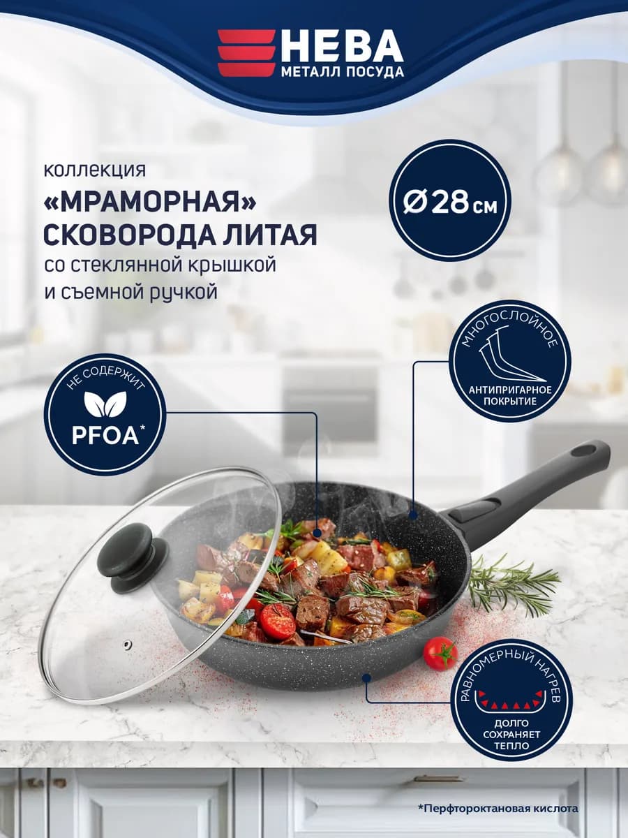 Сковорода 28 см с крышкой и съемной ручкой