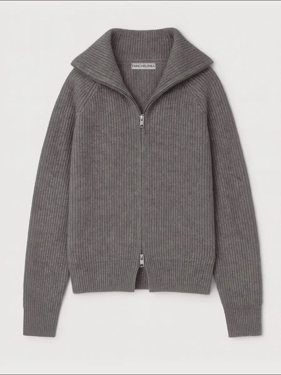 Удлиненный теплый вязаный кардиган на молнии оверсайз зимний