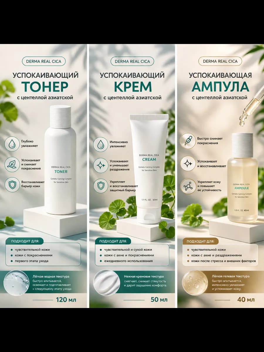 Набор крем, тонер, сыворотка с центеллой азиатской