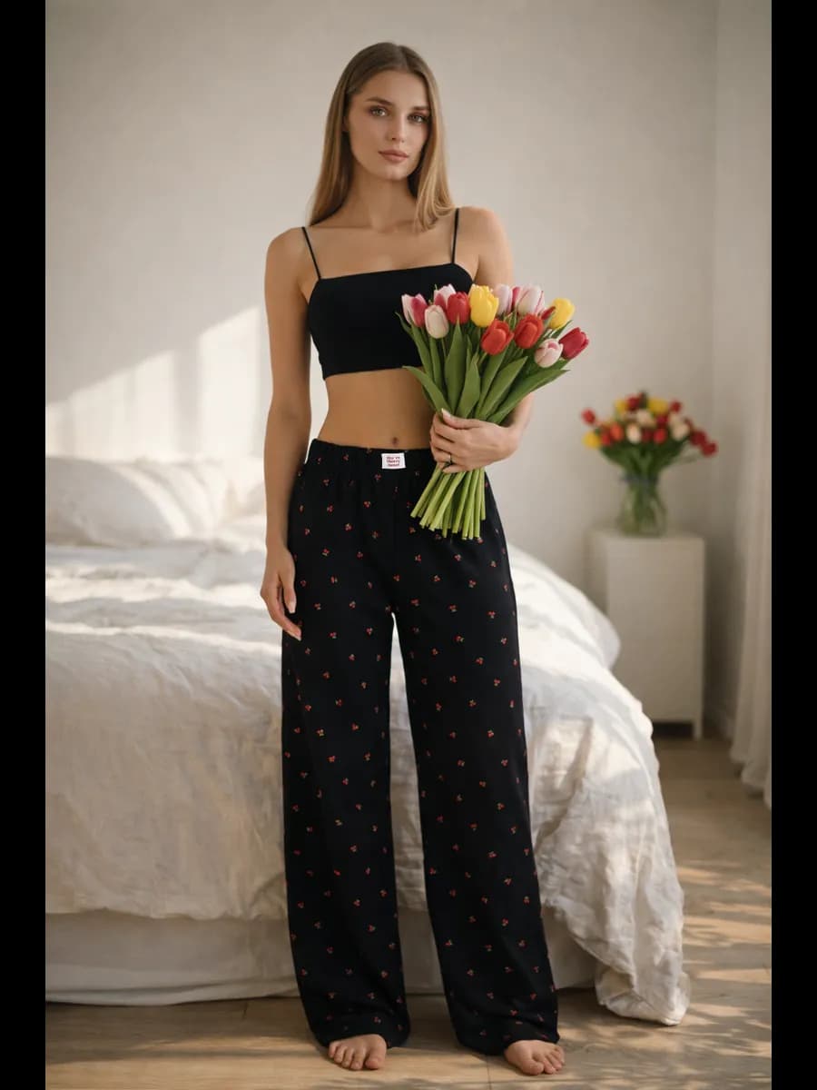 Брюки домашние палаццо на резинке с принтом на 8 Марта