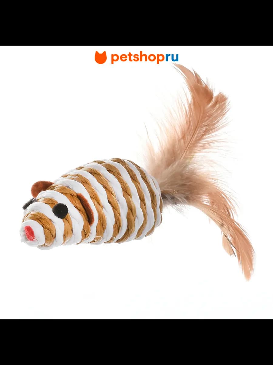Игрушка для кошек "Полосатая мышка с перьями"
