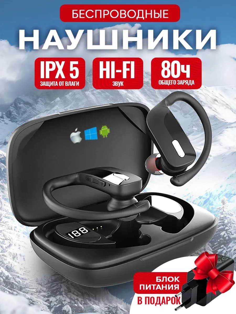 Спортивные беспроводные наушники для зала за ухо - фото 1