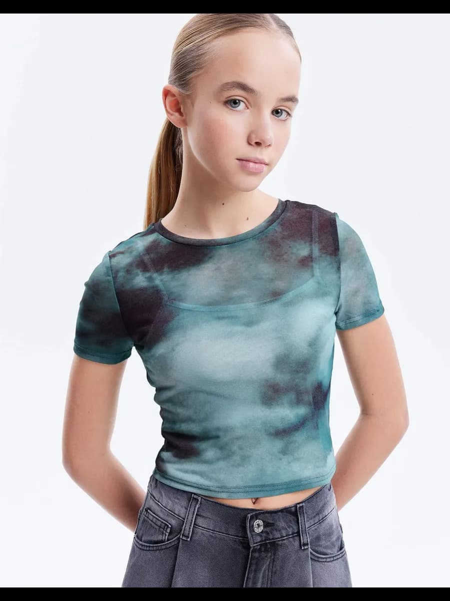 Синий многослойный топ с тотальным принтом - фото 1