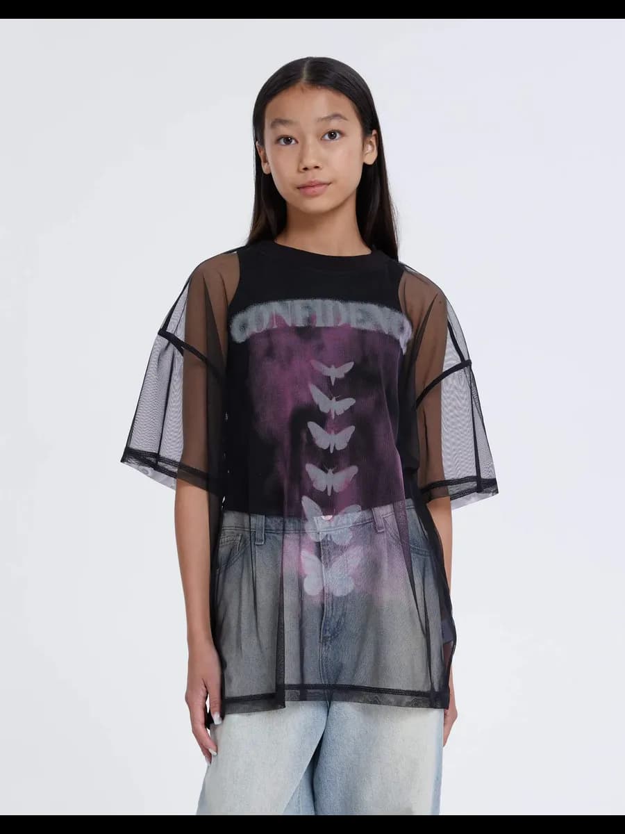 Чёрная футболка superoversize из сетки с принтом