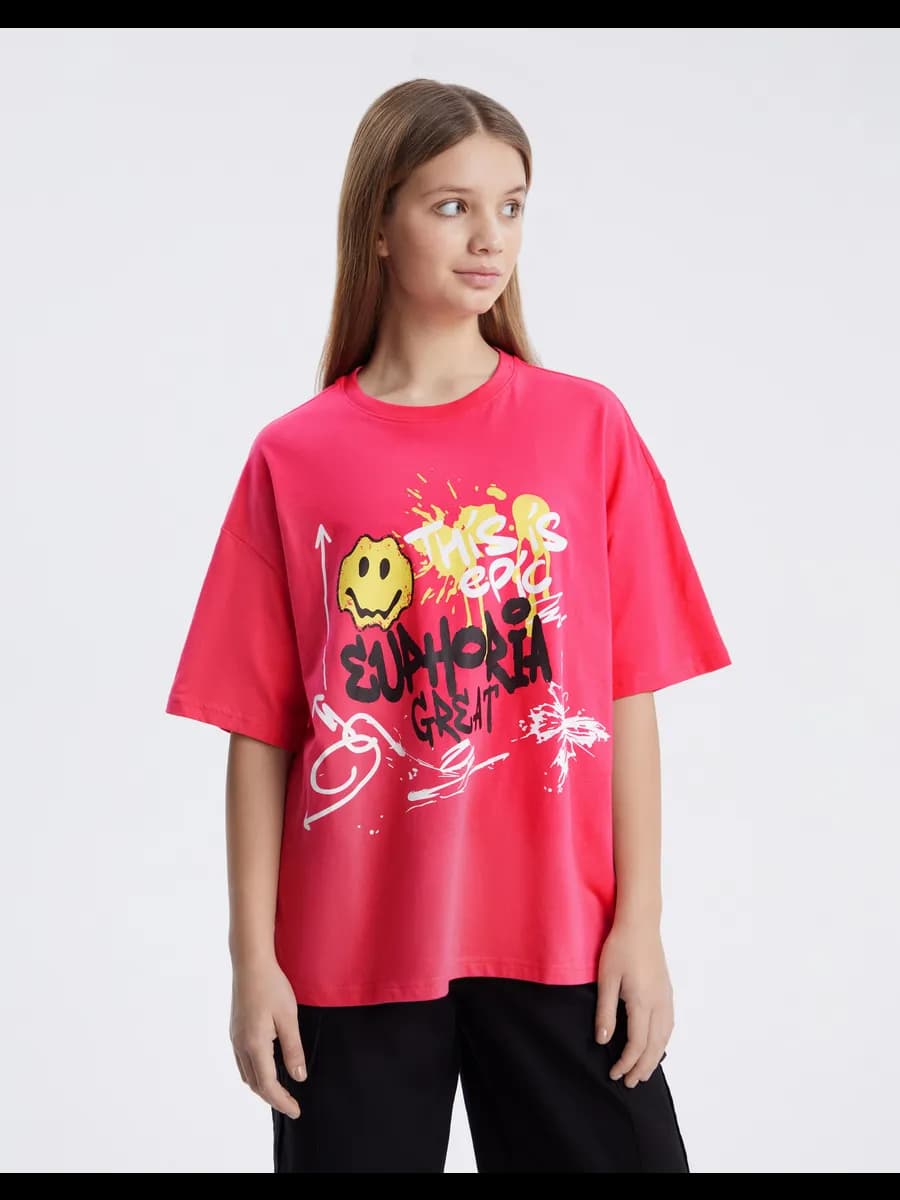 Розовая футболка oversize с принтом - фото 1