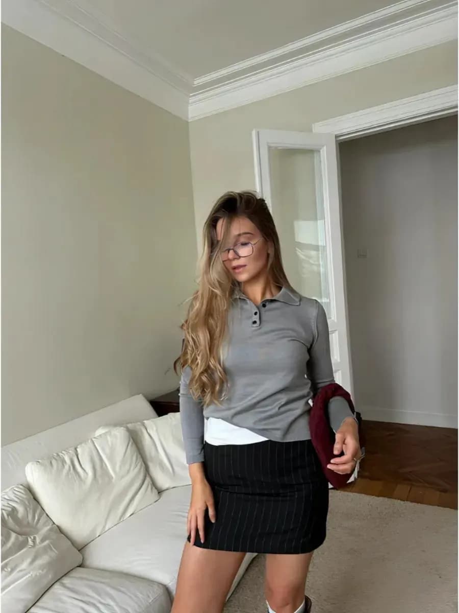 Лонгслив вязаный тонкий с воротником поло джемпер - фото 1