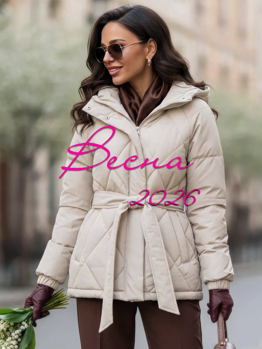 Куртка стеганая демисезонная с капюшоном и поясом - фото 1